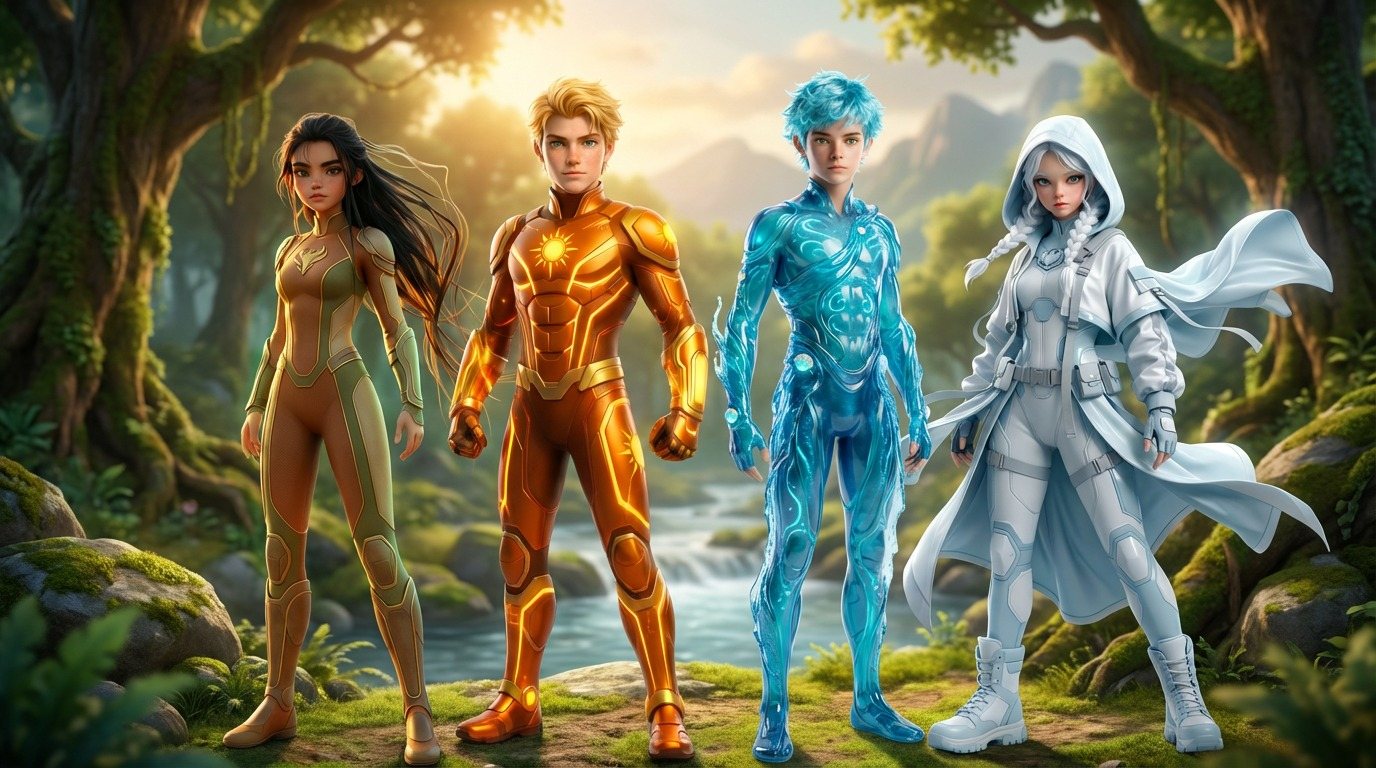 Gaia, Solaris, Aqua and Zephyr — the four elemental guardians of Earth Defenders